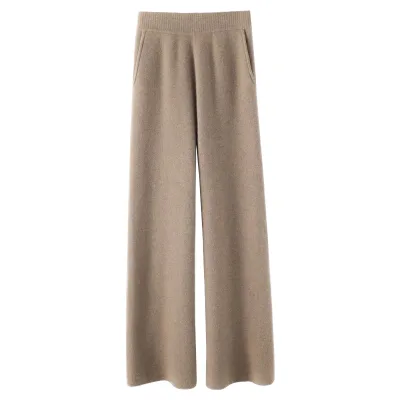 Women's New Casual Woolen Full Length Knitted Straight Pants Spring Autumn Winter Breathable Pockets Loose Fit Solid Pattern