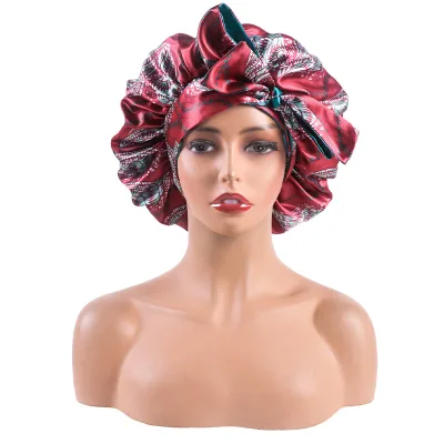 African Satin Bonnets with Long Tie Silky Bonnet for Women Wide Band Double Layer Reversible Sleeping Cap Shower Hats