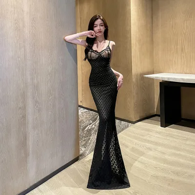 2024 Custom Design Autumn Lady Bodycon Black Asymmetrical Sexy Long Casual Dress