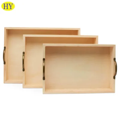 Ecofriendly Unfinished Wood Serving Trays Wood Organizer Nesting Plate Rectangle Vintage Wooden Food Tray With Metal Handle