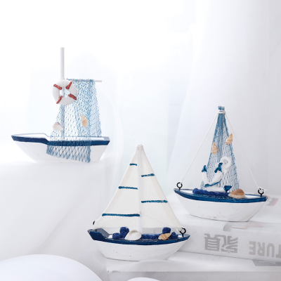 Wooden Blue Sailing Boat Decoration Mediterranean Style Marine Wooden Crafts to Decorate Ornaments Home Party Decorations