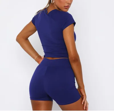Custom Logo Women's Summer Fashion T-Shirts and Yoga Fitness Sets New Cycling Jerseys With Midi Length and O-Neck Solid Color