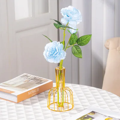 Factory Wholesale Electroplated Wrought Iron Glass Vase Artificial Flower Hydroponic Floral Ornaments Art Deco Wedding Handmade