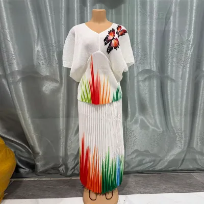 Pleated Chiffon Top and Skirt Set with butterfly Print for Women Set