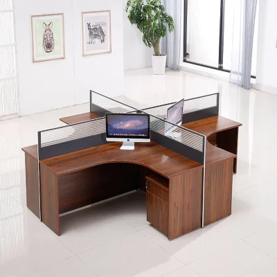 Hot Selling 4 Person Cross L-Shaped MDF Staff Partition Desk Modern Frosted Blind Screen Workstation Lockable Drawer Pedestal