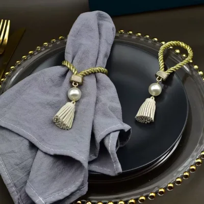 Factory Custom Braided Cord Serviette Ring Tassel & Faux Pearl Decor Napkin Buckle For Luxury Wedding Dinner Banquet Decor
