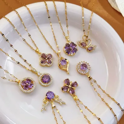PDANY Women's Romantic Purple Zircon OL Collarbone Necklace 18K Gold Plated Stainless Steel Link Chain Trendy Teardrop Necklace
