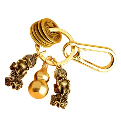 Wowei Wu Lou Key Chain Chinese Gourd Keychain with Feng Shui Coins Brass Fengshui Key Ring for Wealth Fortune Health Good Luck