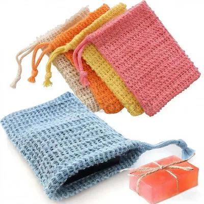 Custom Logo Sisal Soap Bag Soap Saver Bag With Drawstring Exfoliating Soap Pouch Bag Exfoliating Soap Mesh Bag
