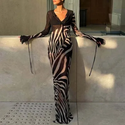Casual Full Sleeve Print Patchwork Maxi Dress