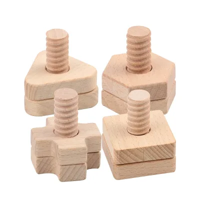 Nature Beech Wood Nuts and Bolts Set Shapes Matching Toys,Construction Fine Motor Skills for Kids