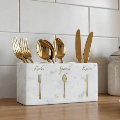 Acrylic Cutlery Holder, 3 Compartment Marble Silverware Caddy, Kitchen Counter Utensil Organizer for Fork Spoon Knife