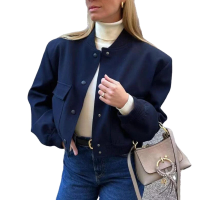 RNSHANGER Fashion Women Button Pocket Long Sleeve Breathable Woven Bomber Jacket Streetwear Baseball Winter Casual Outerwear