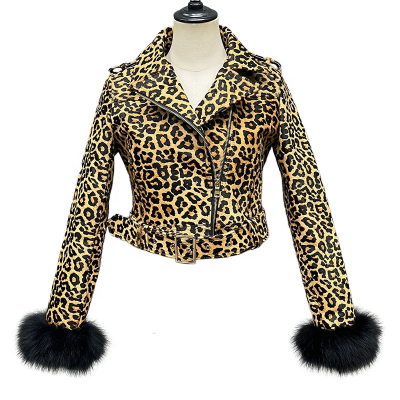 Custom Size Turn Down Collar Leopard Pattern Leather Coat Cropped Genuine Sheepskin Leather Jackets With Fox Fur Cuffs