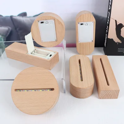 Portable Wooden LED Light Base Wholesale Battery Powered No Cable Natural Finish 3D Illusion Lamp Holder for Acrylic Panels