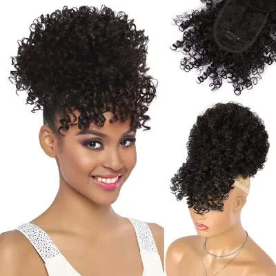 Synthetic Afro Puff Drawstring Ponytail with Bangs Pineapple Updo Hair Short Kinky Curly Ponytail Bun Daily Use