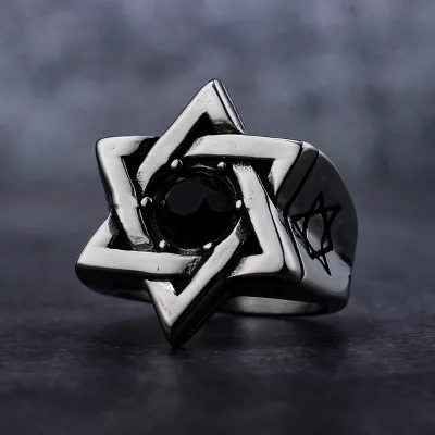Vintage Mens Religious Chrisitian Judaism Ring Stainless Steel Gemstone Black Zirconia Star of David Hexagram Signet Ring Party