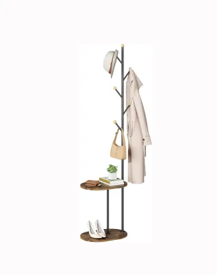 Wisdom Star Coat Rack with End Table, Freestanding Metal Coat Hall Tree Stand with 2 Tiers Storage Display Shelf and 5 Hooks