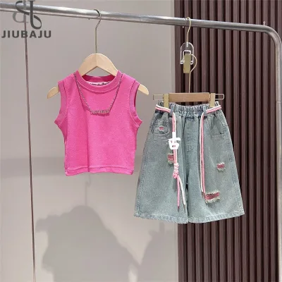 Fashion Summer Clothing Set for Girl Drawstring Ripped Denim Shorts and Tank Top 2 Pieces Clothes Suit