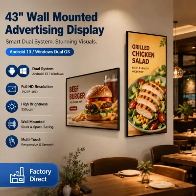 32/43/55/65/75 Inch Wall Mount LCD Advertising Display with Multi AV Interface AG Screen for Indoor Commercial Shop Menu Board