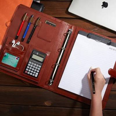 Custom Folder A4 Multi-function Loose-leaf Binder PU Leather Belt Calculator Manager Folder Pin Presentation Folder Document