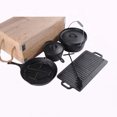 4 Pieces Cast Iron Cookware Sets Casseroles Frying Pan Griddle Wooden Carrying Storage Box Minimalist Design Eco-Friendly LFGB