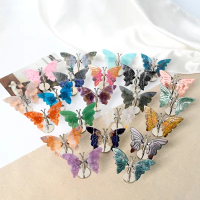 Wholesale Crystal Crafts Butterfly Wings Crystal Rose Quartz Wings With Metal Stand for Home Decorations
