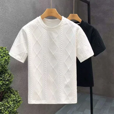 Men Solid Diamond Embossed Polyester Short Sleeve T Shirt Round Neck Loose Casual Daily Tops