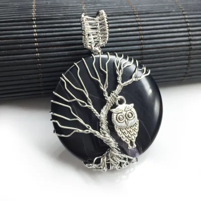 Healing Crystal Pendant for Women Tree Wire Wrapped Jewelry Owl Tree of Life Agate Necklace Pendant