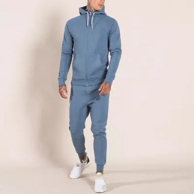 High Quality Light Blue Regular Fit Men's Autumn Windproof Breathable Plus Size Tech Fleece Fitness Tracksuit
