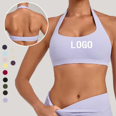 Wholesale Second Skin Yoga Bra Halter Neck Open Back Fitness Bra Seamed U Neck Padded Sports Bra