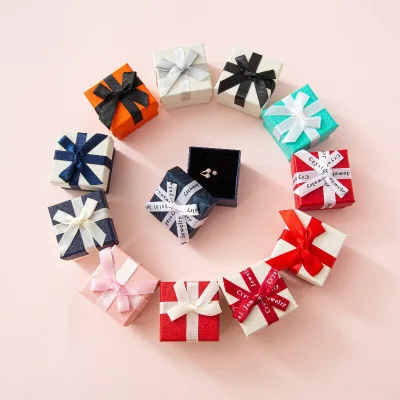 Stylish Multi-Style Ribbon Bow Box Rigid Paperboard Gift Box for Earrings Rings and Jewelry