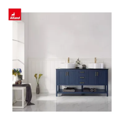 Allandcabinets Shaker Design Navy Blue Bathroom Vanity Furniture Set MDF Carcase Vertical Stripe Door Panel for Washroom Bedroom