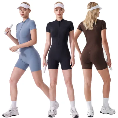 High Stretch Zip Front Yoga Onesie - Moisture Wicking Short Sleeve Athletic Bodysuit for Gym & Workou