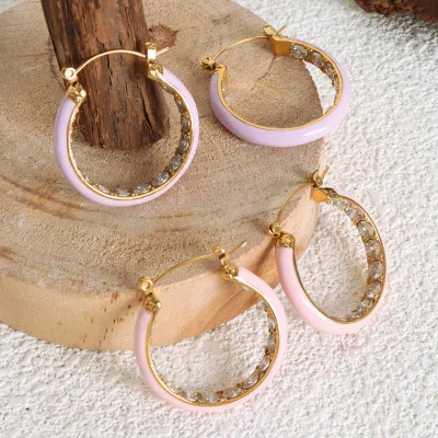 Delicate Vintage Sense of Temperament Multi-Color Enamel Stainless Steel Gold Zircon Ear Studs for Girls