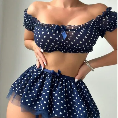 European American Trade Sexy Lingerie Polka Dot Off-shoulder Puffy Skirt Two-piece Set Polyester Dobby
