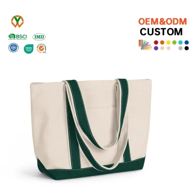 Durable Small Canvas Shopping Bag Natural Black Color Block Exterior Pocket Reinforced Long Contrast Handles Daily Carry Handbag
