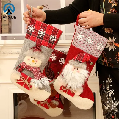 Hand Embroidered Christmas Stockings Decorations Santa Claus Beanies with Candy Gift Socks Common Fabric Made in China