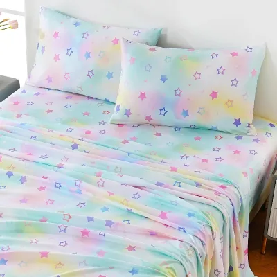 OEM ODM Queen Size 4-Piece Sheets Set 16'' Deep Pockets Breathable Microfiber Machine Washable Rainbow Star Printed Oeko-tex