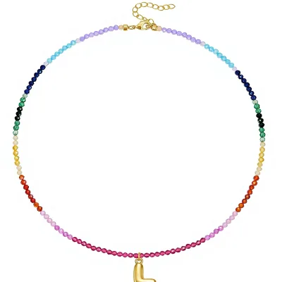 KissYan Beaded Initial L Necklace Women 14K Gold Plated Pearl Bubble Letter Pendant Diamond Rainbow Choker Colorful Summer Beach