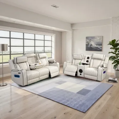 Modern Leather Electric Recliner Sofa Set 3+2 Dual Moto Motion Couch with Wireless Charging Bluetooth Speaker for Home Theater