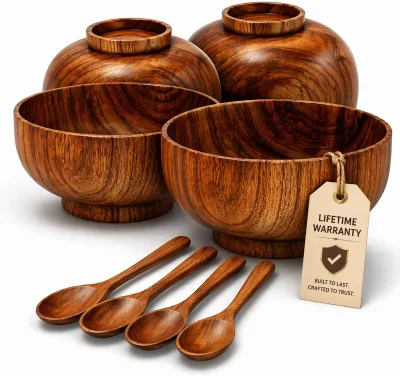 Wooden Bowl and Spoon Japanese Style Natural Wood Soup Rice Salad Bowls with Spoons Eco-Friendly Handcrafted Tableware