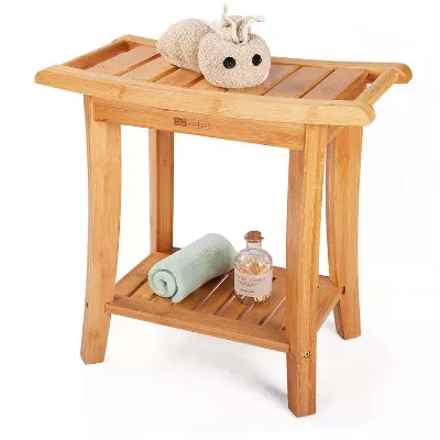 Custom Bamboo Shower Tool Bench Seat Wooden Spa Bath Deluxe Organizer Stool Teak Wood Shower Bench for Bathroom with Handles