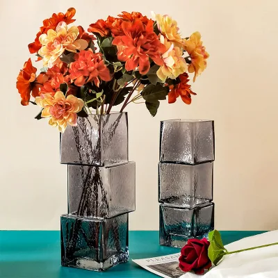 Glass Vase with Creative Misaligned square Cylinder and Irregular Transparent Home Decoration