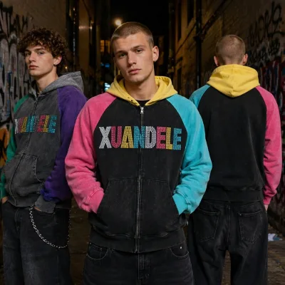 Wholesale Y2K Style Color Block Acid Wash Hoodie Custom Rhinestone Graphic Heavyweight French Terry Zip up Hoodies Manufacturer