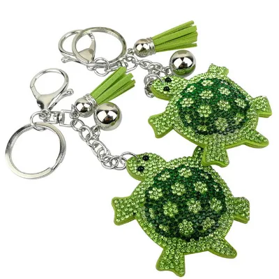 Creative Customized Leather Letterpress Printed Tortoise Crystal Rhinestone Tassel Carabiner Keychain Women Girls Durable Bling