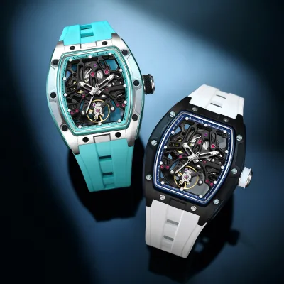 Men's Custom logo Barrel Skeleton Tourbillon Automatic Watch, Stylish and Trendy Silicone Strap Sports Watch