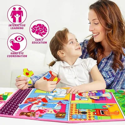 Decoration House Felt Board 1-4 Years Old Foldable Learning Toy Felt Busy Board for Children 35 Pieces Double-sided Puzzle Board