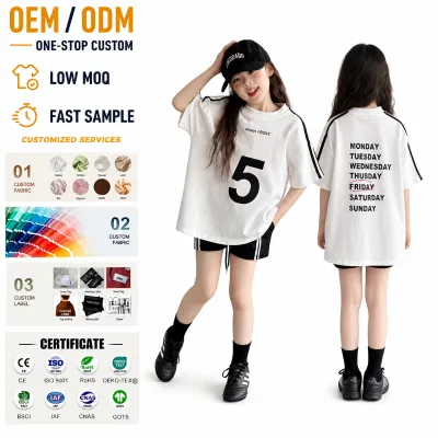 OEM Custom Logo Girls Cotton Fashion Dropped Shoulder Tee Loose-Fit Webbing Strap Kids Streetwear Graphic Sports T-Shirt