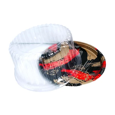 JY-82107 Round Disposable Plastic Food Packing Box High Lid with Red&Gold for Sushi Conveyors